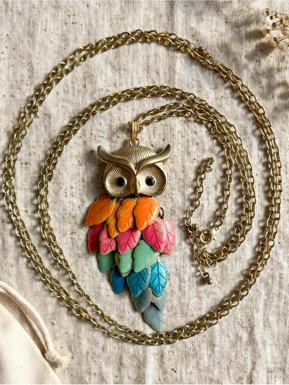 Vintage Style Gold Tone Enameled Articulated Movable Leaf Feathers Owl Necklace